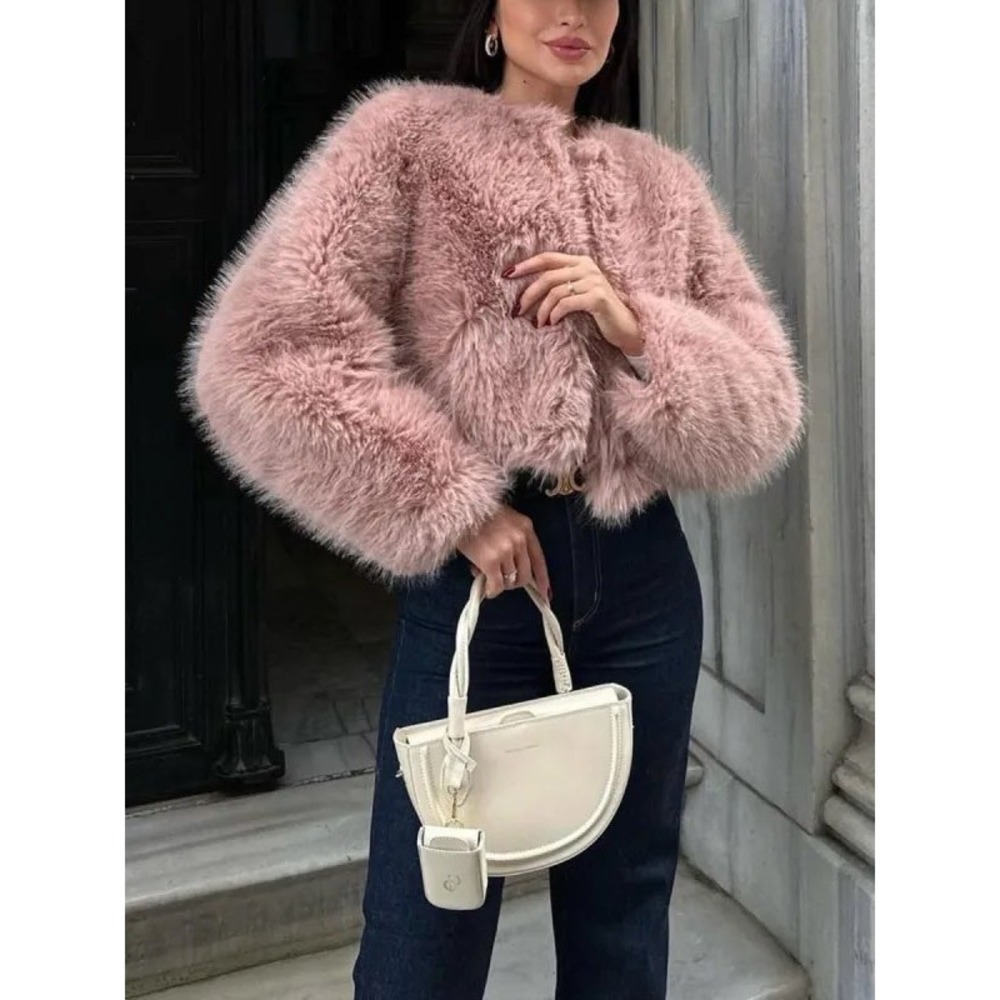 Commense Faux Fur Crop Jacket Shaggy Plush Coat‎ Trendy Fluffy Pink size M